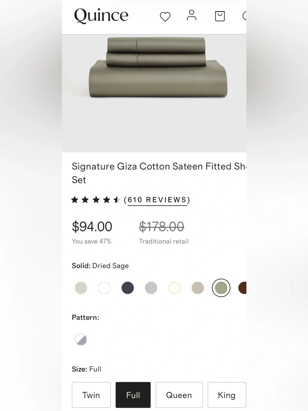NWOT Quince Signature Giza Cotton Sateen 3 Pc Fitted Sheet Set, Full -Dried Sage